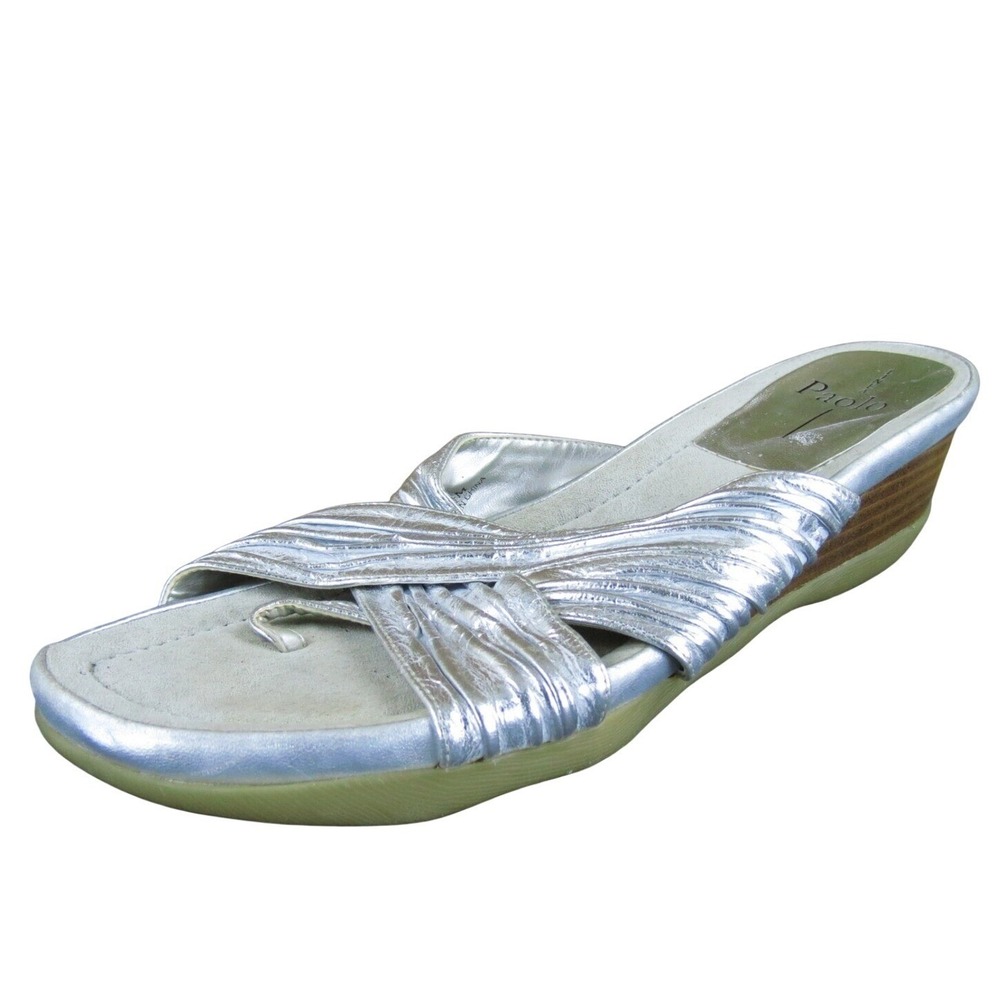 Linea Paolo Silver Metallic Criss Cross Toe Thong Wedge Sandals Slides Size 10.5